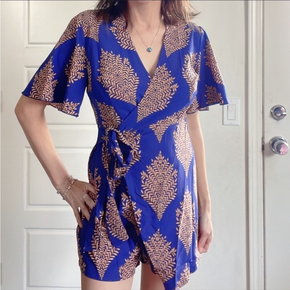 Purple and Orange Cream Palm Leaf Tropical Patterned Romper Shorts One Piece Lg - Picture 3 of 7